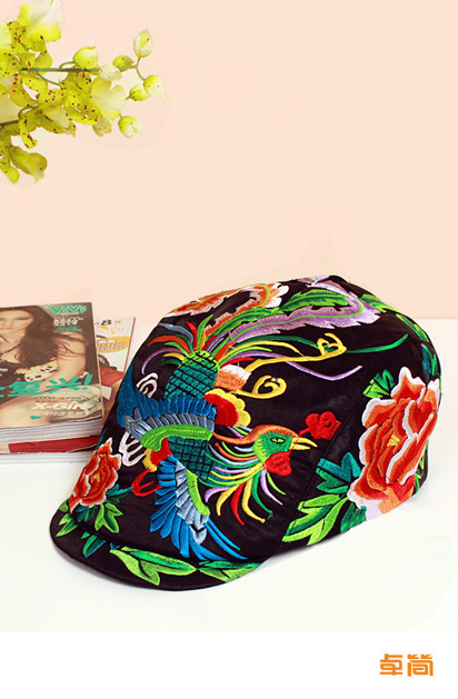 緞面鳳凰刺繡民族風(fēng)繡花帽