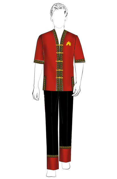 海南傳統(tǒng)黎族服飾男式紅色短袖+長褲方案設計
