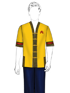 海南傳統(tǒng)黎族服飾男式黃色短袖上衣+長(zhǎng)褲方案設(shè)計(jì)