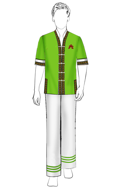 海南傳統(tǒng)黎族服飾男式綠色短袖上衣+白色長褲方案設(shè)計(jì)