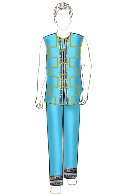 海南傳統(tǒng)黎族服飾男式藍(lán)色無袖上衣+藍(lán)色長褲方案設(shè)計