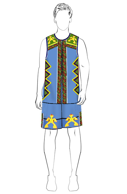 海南傳統(tǒng)黎族服飾男式藍(lán)色無(wú)袖上衣+短褲方案設(shè)計(jì)