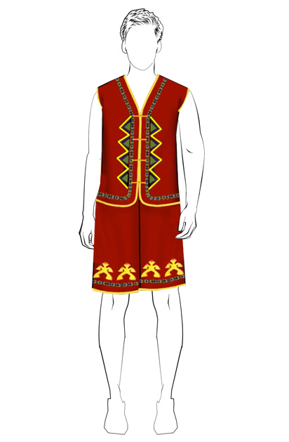 海南傳統(tǒng)黎族服飾男式紅色無(wú)袖上衣+短褲方案設(shè)計(jì)