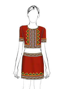 海南傳統(tǒng)黎族服飾女式紅色短上衣+短裙方案設(shè)計